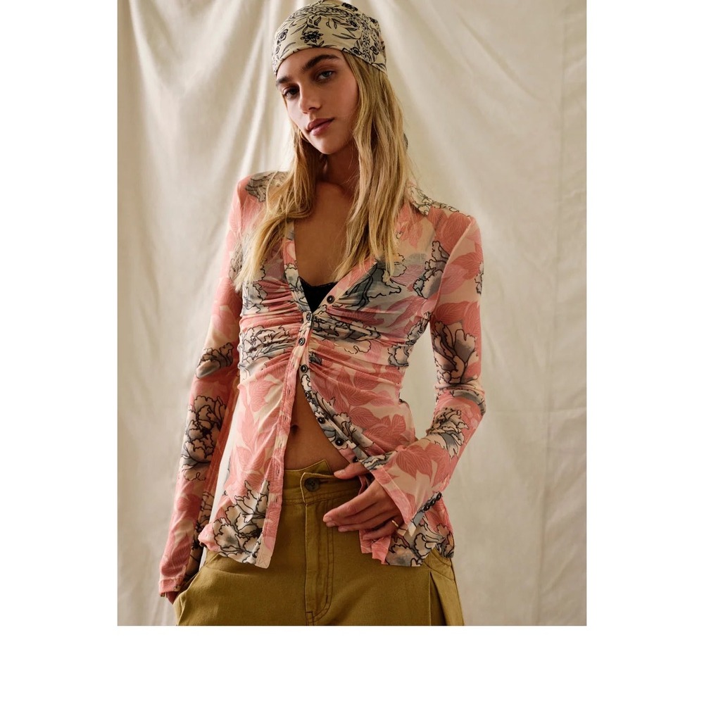 Free People Lucky Shirtee Floral Mesh Ruched‎ Button Front Long Sleeve Top Large - Picture 15 of 15